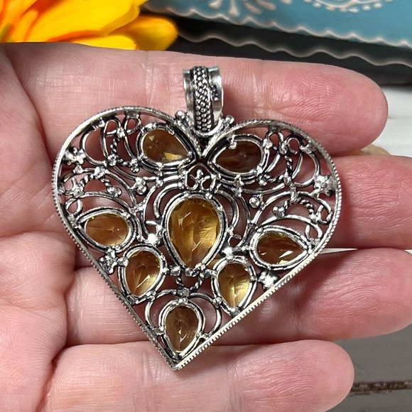 Heart Pendant Citrine Large Handmade Gemstone 924 Stamped Bohemian Sparkler New! - Picture 9 of 13